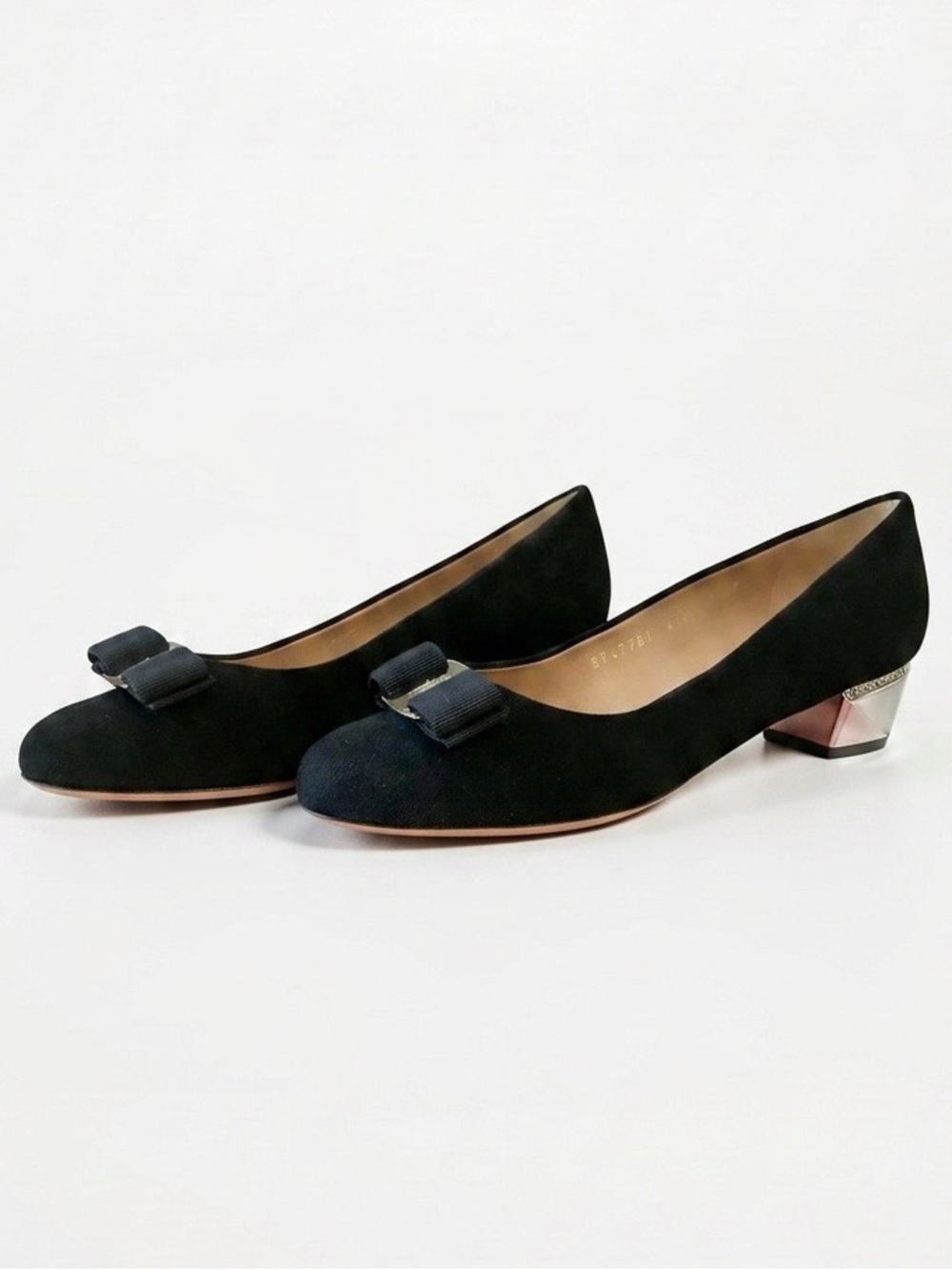 Salvatore Ferragamo Vara Bow Suede Pumps With Crystal Embellished Block Heel